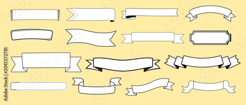 Hand-drawn white ribbon banner outlines with black borders. Vector sketch illustrations of blank banners, wedding labels, text scrolls, and decorative banner elements.