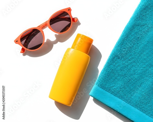 Summer vacation essentials sunglasses, sunscreen, and towel on white background