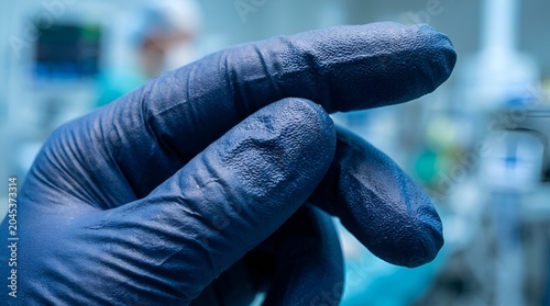 Medical professional hand in blue sterile glove, operating room background
