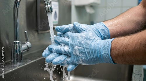 Medical professional washing hands in soapy water at a stainless steel sink.