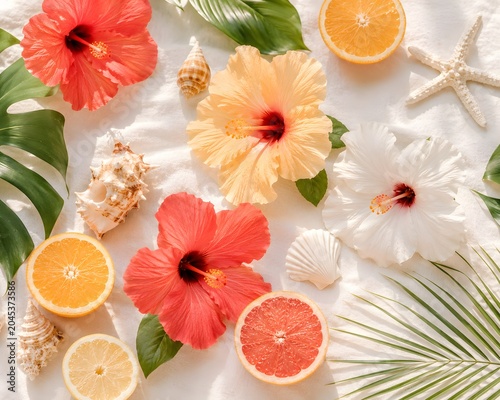 Sun-Kissed Tropical Arrangement Featuring Colorful Hibiscus, Zesty Fruits, and Charming Beach Finds