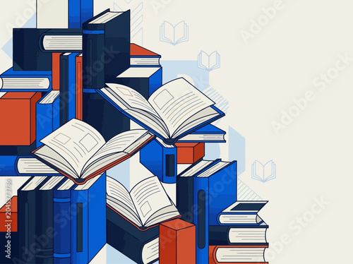 Tableau sur toile Modern Flat Vector Illustration of Stacked and Open Books in Blue and Orange Ton