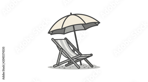 Simple beach chair and umbrella icon on white background.