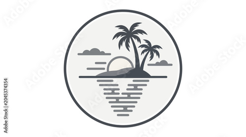 Circular tropical island emblem with palm trees and sunset.