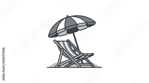 Striped beach umbrella with a folding deck chair illustration.