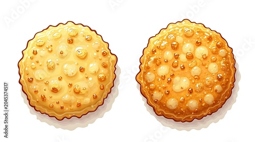Golden Baked Pastries Two Round Tarts with Glazy Bubbles