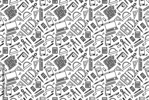 School supplies seamless pattern. School attributes seamless pattern. Student accessories repeat background. Back to school doodle banner. Education theme doodle pattern background.