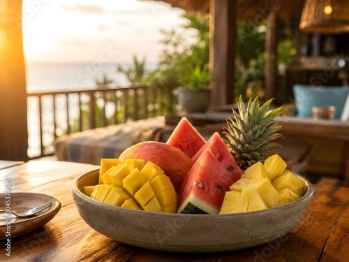 Exotic Fruit Bowl on a Wooden Table with Ocean View at Tropical Sunset