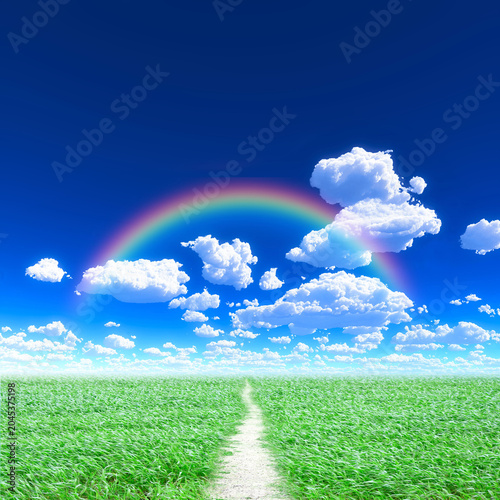 虹が架かる草原の道と青空の希望イメージ