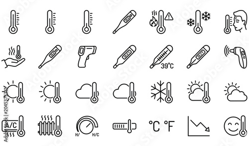 Slika na platnu Thermometer line vector icon set with temperature and weather outline illustrati