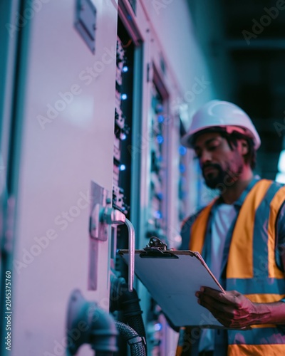 Industrial switchgear panel technician reviewing a clipboard for power plant maintenance, energy management systems and electrical infrastructure inspection documentation