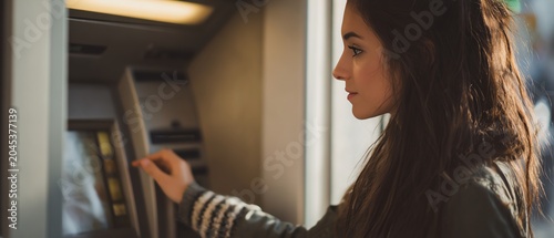 Woman using ATM in urban setting.