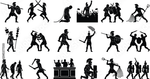 Schilderij op canvas Ancient Warrior and Classical Soldier Silhouette Collection Featuring Battle Com