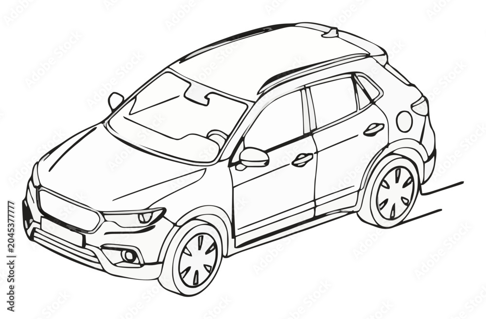 Fototapeta premium Compact crossover car isometric line art icon. Generative AI