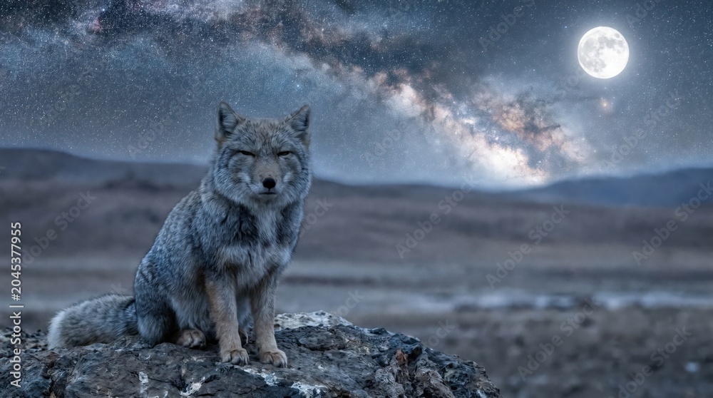 Naklejka premium Fox Under Milky Way and Full Moon