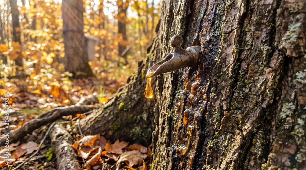Fototapeta premium Maple sap dripping from metal spile inserted into tree trunk in autumn forest, traditional syrup production.