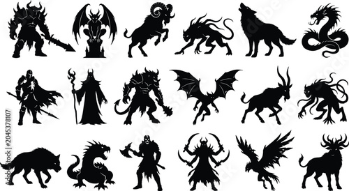 Quadro su tela Fantasy Creature Silhouette Collection Featuring Dragons Demons Monsters Warrior