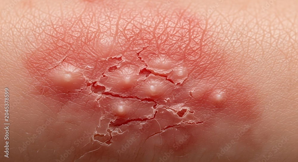 Fototapeta premium Close up of shingles rash with blisters on human skin.