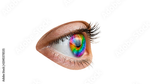 Abstract macro human eye with colorful rainbow iris on white background