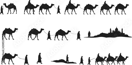 Canvastavla Camel caravan silhouettes, desert journey, nomadic travel, people and camels, sa