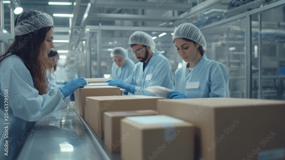 Fototapeta premium Team Sealing Boxes in Pharmaceutical Production Area