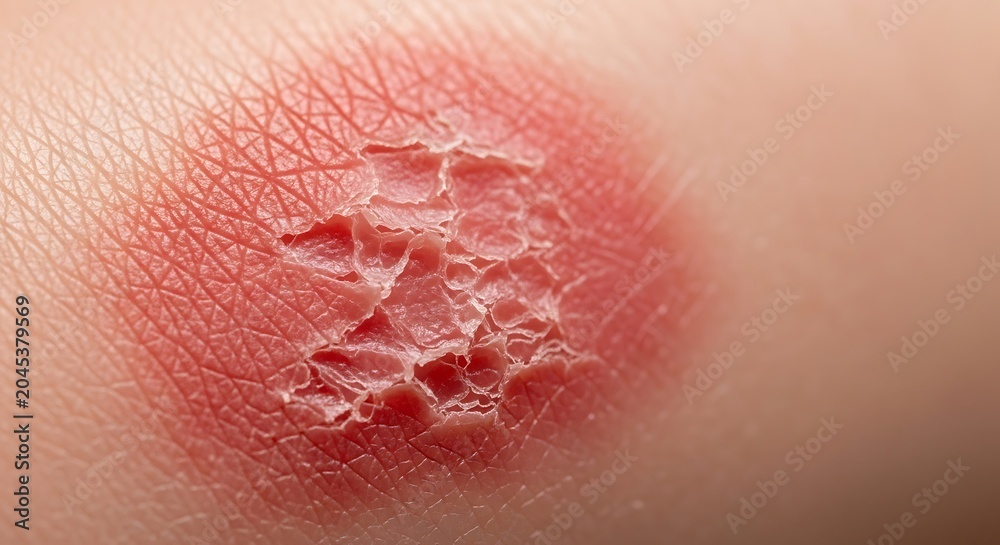 Fototapeta premium Close-up of a painful skin abrasion with peeling skin and redness.