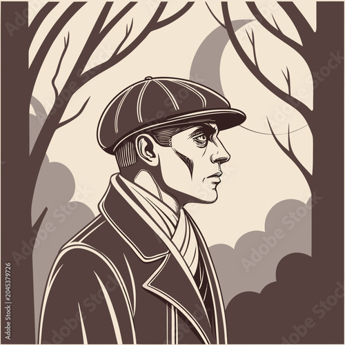 Cuadro en lienzo Side profile of man wearing newsboy cap and winter coat standing in forest with