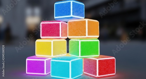 Vibrant Stack of Illuminated Colorful Cubes on Dark Background.