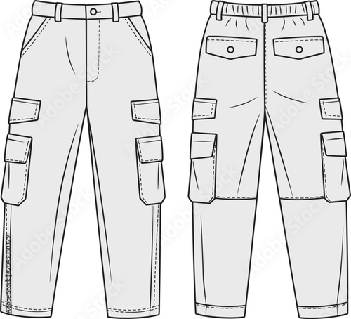 Obraz na plátne Cargo pants flat sketch fashion vector, front zipper closure, elastic waistband,