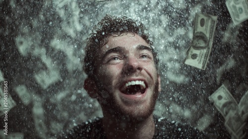 99.Concept = Portrait of a very happy young man in a rain of money