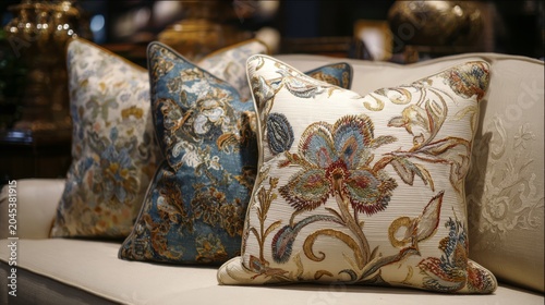 26.Curated set of decorative pillows showcasing mixed prints, embroidery, and textures, balanced composition, cozy home atmosphere, elegant interior design stock image