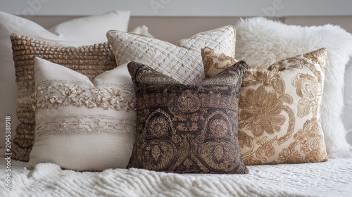 26.Curated set of decorative pillows showcasing mixed prints, embroidery, and textures, balanced composition, cozy home atmosphere, elegant interior design stock image
