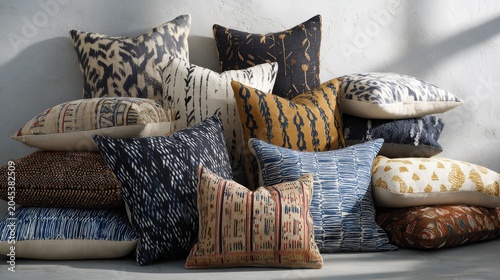 25.Variety of accent pillows with bold patterns and subtle neutrals, different shapes and stitching details, arranged casually for a lived-in feel, soft shadows, clean interior background