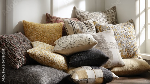 25.Variety of accent pillows with bold patterns and subtle neutrals, different shapes and stitching details, arranged casually for a lived-in feel, soft shadows, clean interior background
