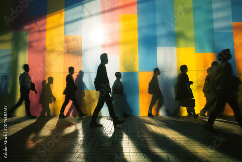 Silhouette commuters walking with bold multicolor geometric shadows