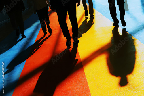 Silhouette commuters walking with bold multicolor geometric shadows