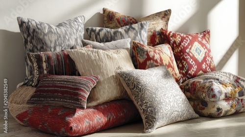 25.Variety of accent pillows with bold patterns and subtle neutrals, different shapes and stitching details, arranged casually for a lived-in feel, soft shadows, clean interior background