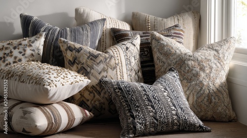 25.Variety of accent pillows with bold patterns and subtle neutrals, different shapes and stitching details, arranged casually for a lived-in feel, soft shadows, clean interior background