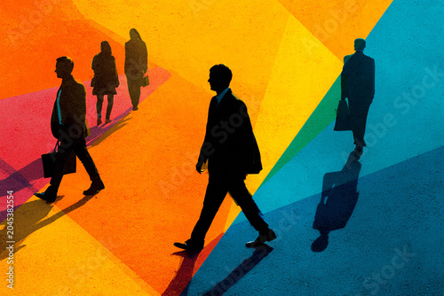 Silhouette commuters walking with bold multicolor geometric shadows