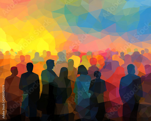 Silhouette crowd waiting together in multicolor geometry