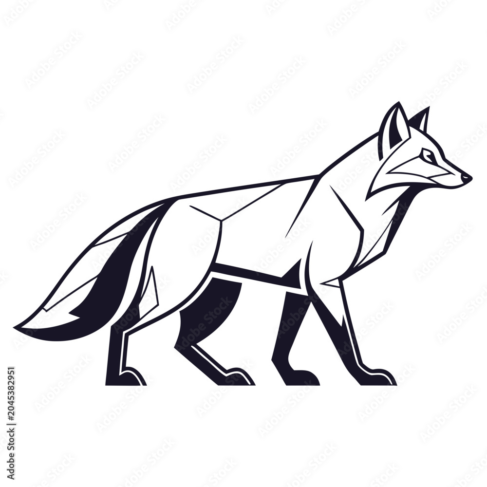Fototapeta premium Minimalist black and white fox vector illustration featuring clean geometric lines and stylized profile for modern nature branding and logo design