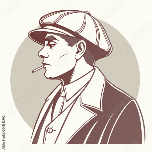 Fotografía Drawing of a dapper man smoking a cigarette wearing a newsboy cap and suit, side