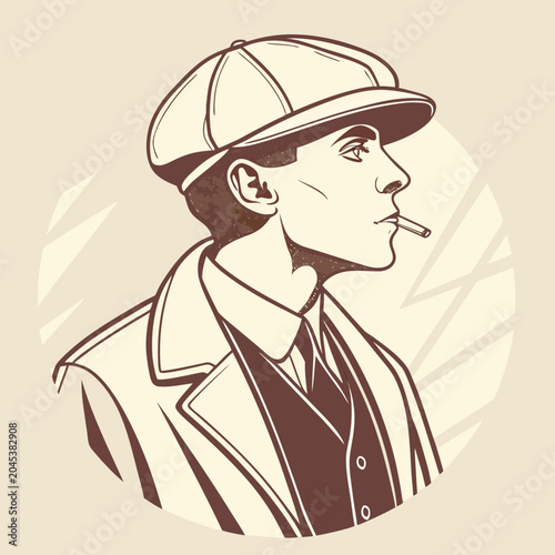 Fotografía Retro illustration of a stylish man smoking a cigarette, wearing a newsboy cap a
