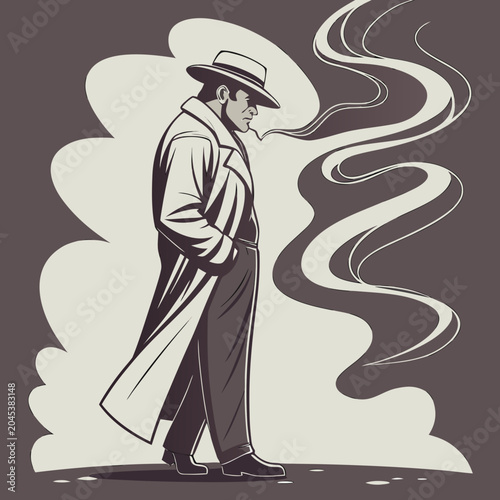 Photography Full body vector illustration of man in long trench coat and fedora hat walking