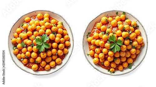 Two Bowls of Golden Chickpeas in Tomato Sauce Garnished with Parsley