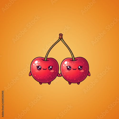 Cute Cherries with Smiling Faces on Stem