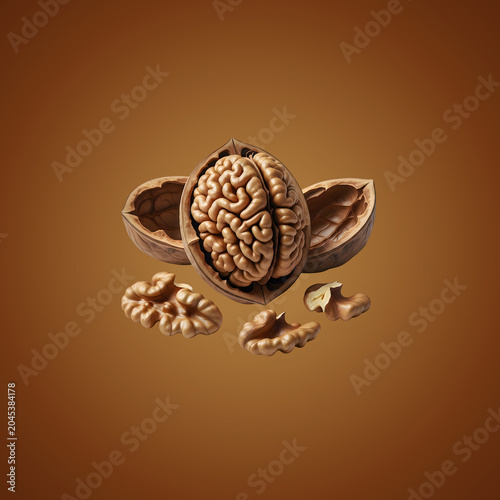Walnut Shell and Kernels on Brown Background