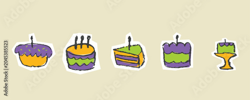 Birthday Sweets Sketchy Doodle Vector Set Hand-Drawn Donut Muffin Croissant Pastry Cake Illustration