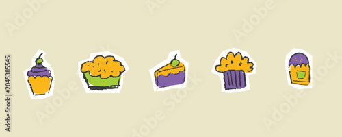 Birthday Sweets Sketchy Doodle Vector Set Hand-Drawn Donut Muffin Croissant Pastry Cake Illustration