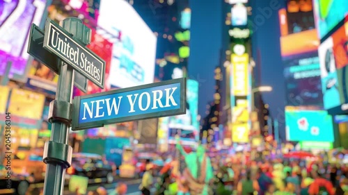 New York City Times Square Timelapse. Selective focus of travel sign United States and New York with real timelapse from raw photos. Bustling city with dazzling LED digital billboards and busy people